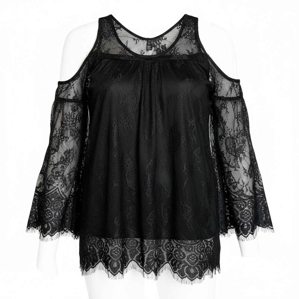 Rain NWT Black Lace Cold Shoulder Bell Sleeve Top XL Goth Dark Academia